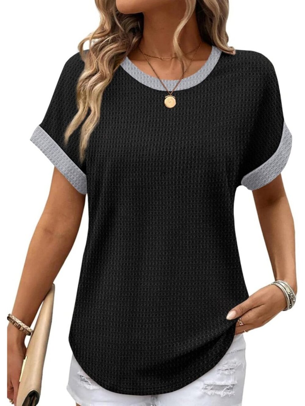 Women's Unique Black Polyester Blend Short Sleeve V Neck Henley Shirts